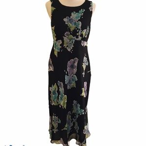 Talbots Black Floral Maxi Dress with Green and Purple Accents